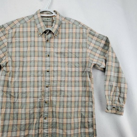 L L Bean Shirt Men's 3/4 Sleeve Button Up Reg Fit Plaid Green Blue Cream Medium - Picture 5 of 12